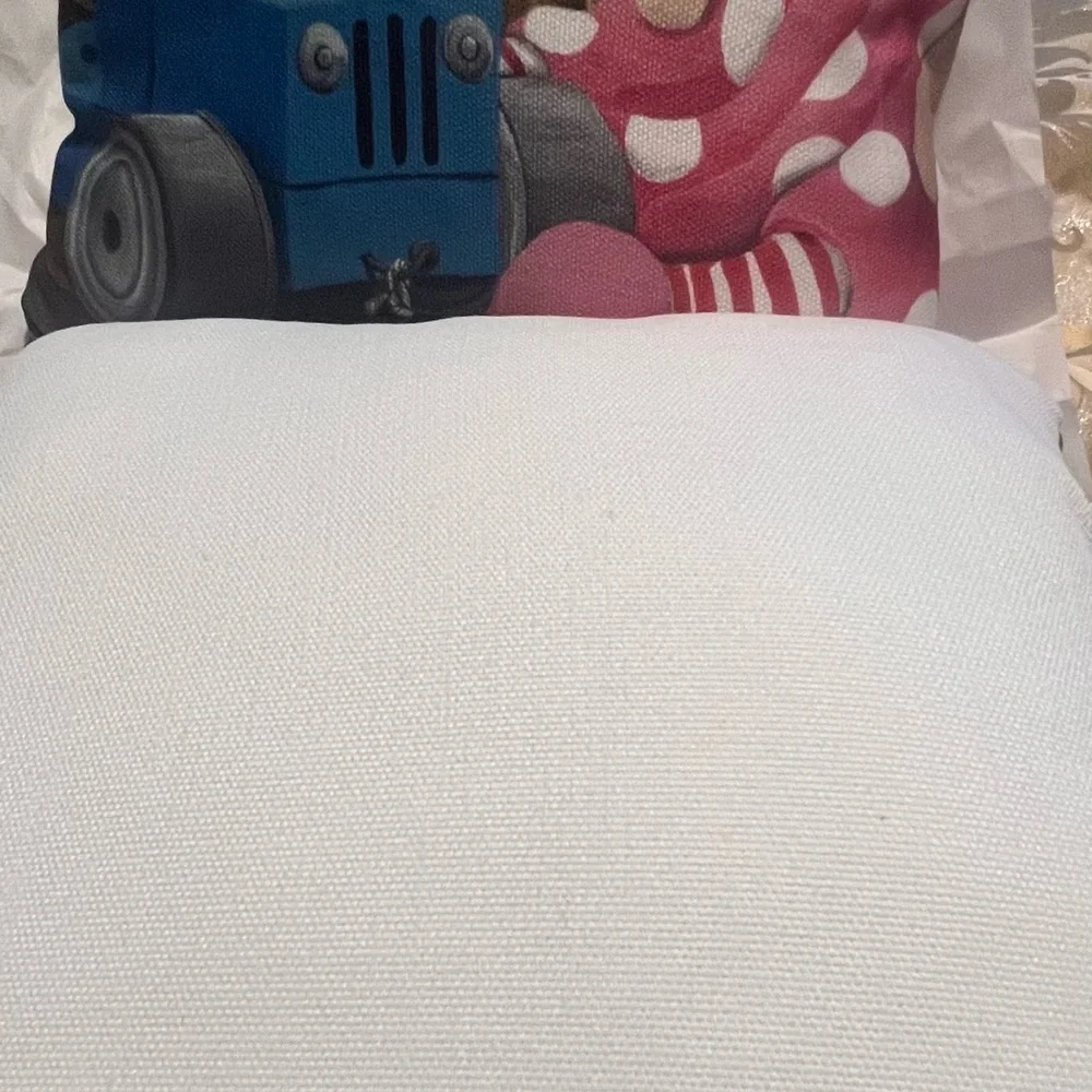 Mandy Pritty whimsical Art throw pillows/2 .blue tractor and doll- pristine